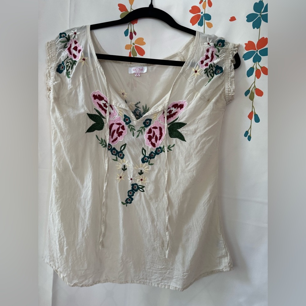 Luv 2 Luv Boho Embroidered Floral Pink Teal Green Cream Cottagecore Top Medium